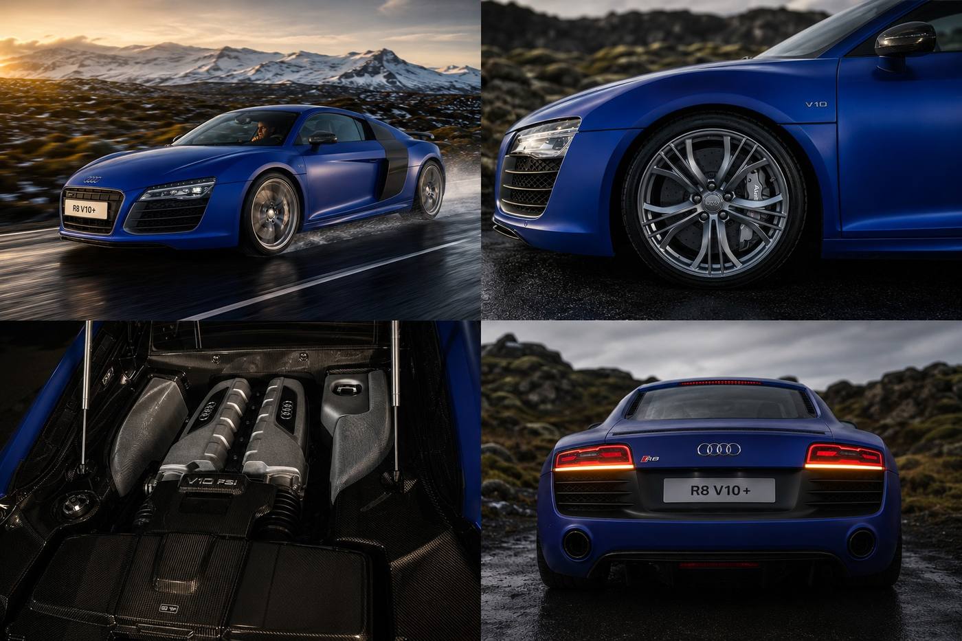 Audi R8 — four transformed editorial views: driving, wheel detail, engine bay, rear