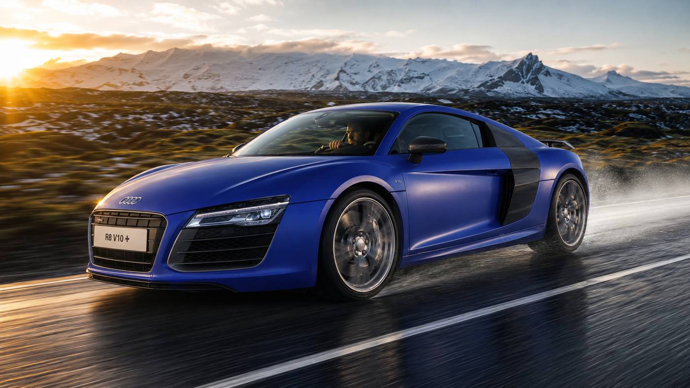 Audi R8 V10+ driving through an Icelandic mountain landscape at sunset