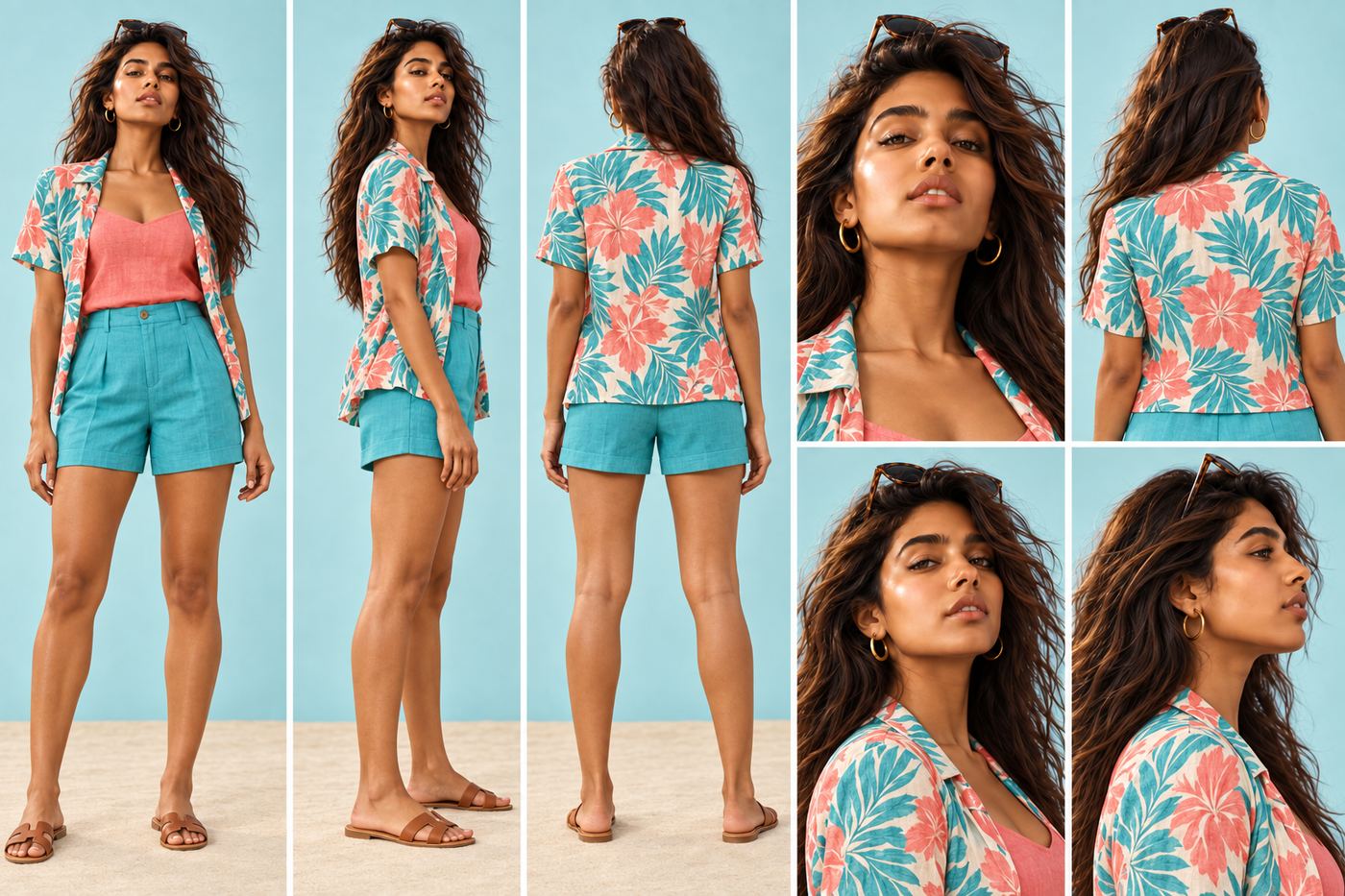 AI character 02 turnaround sheet in a tropical print shirt and shorts on a beach set