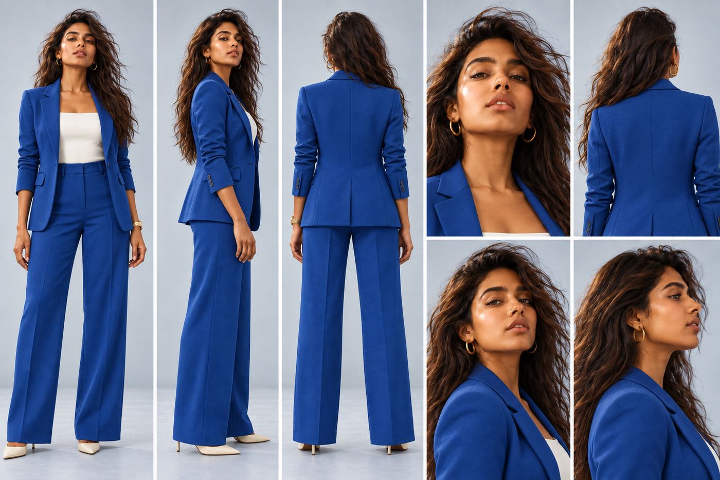 AI character 02 studio turnaround sheet in a tailored blue suit — front, side, back and close-up crops