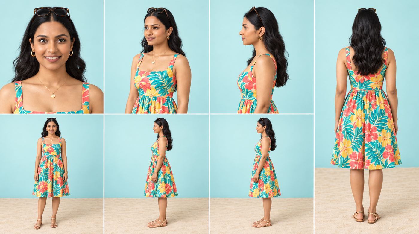 AI character 03 turnaround sheet in a tropical floral sundress on a beach set