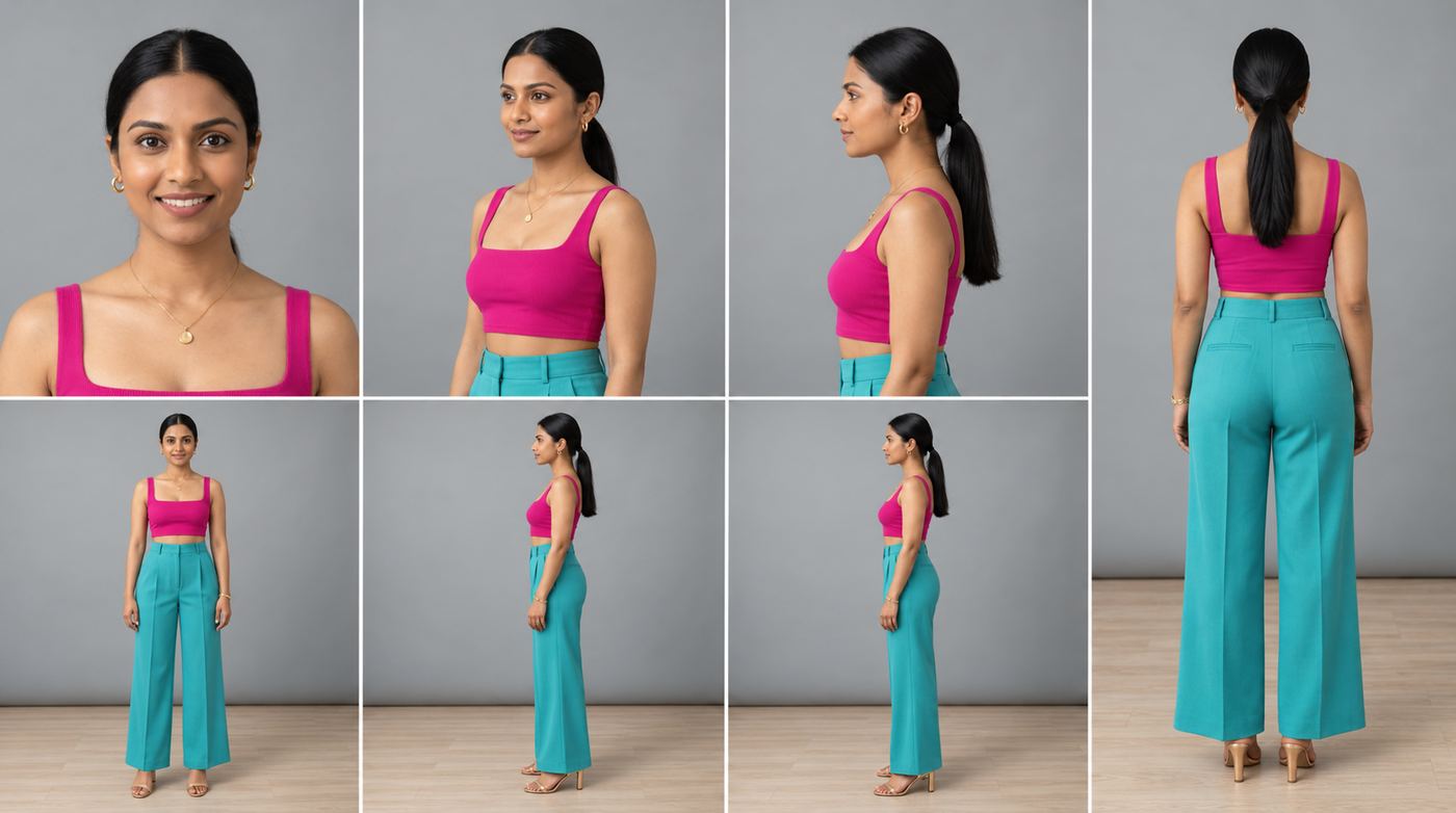 AI character 03 studio turnaround sheet in a pink crop top and teal wide-leg trousers — front, side, back and close-up crops