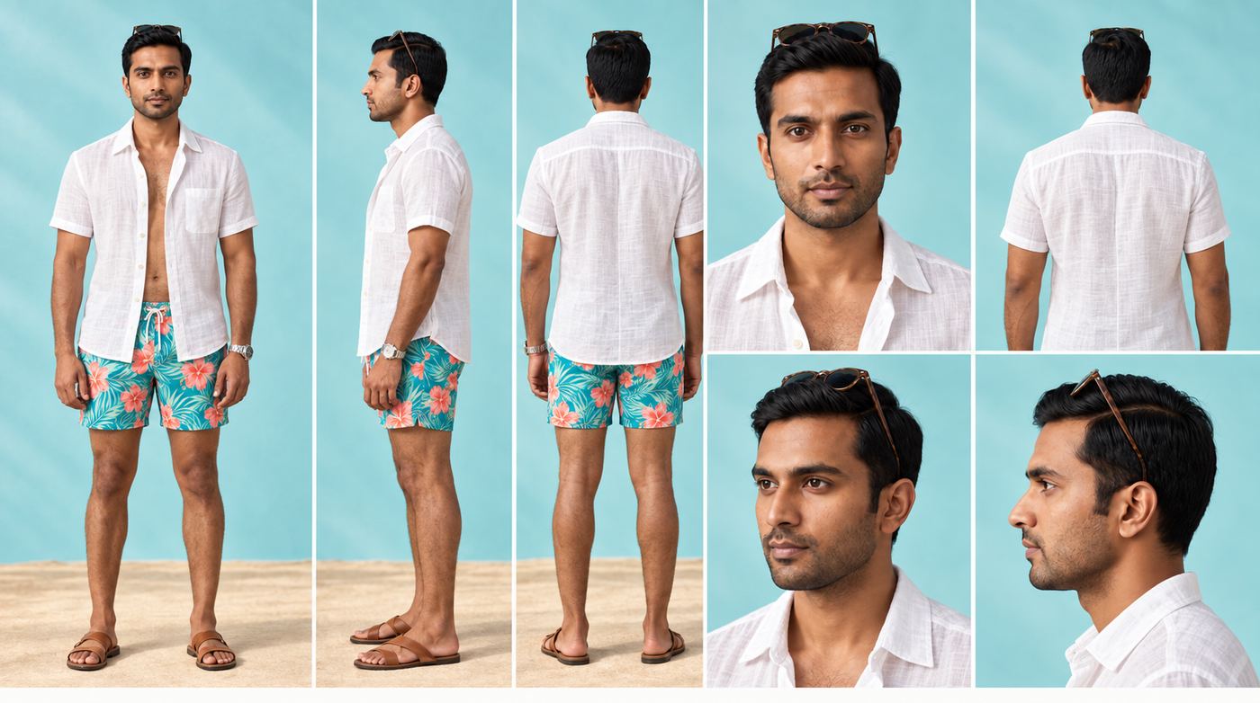 AI character 01 turnaround sheet in a linen shirt and floral shorts on a beach set