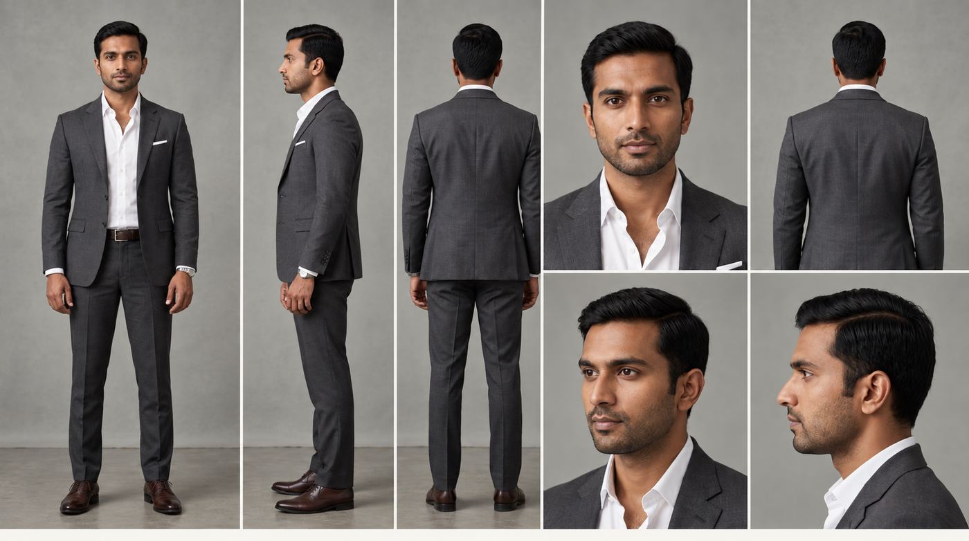 AI character 01 studio turnaround sheet in a charcoal suit — front, side, back and close-up crops