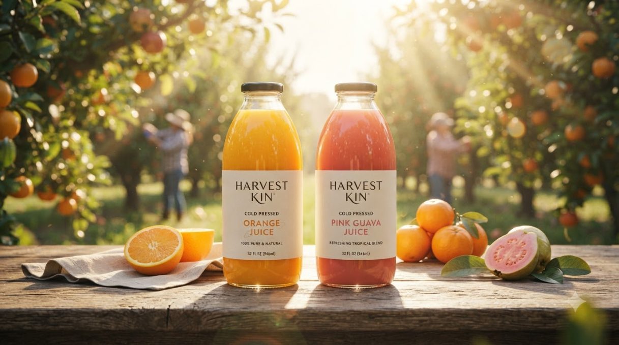 Harvest Kin — Orange and Pink Guava cold-pressed juice bottles on a farm table in the orchard