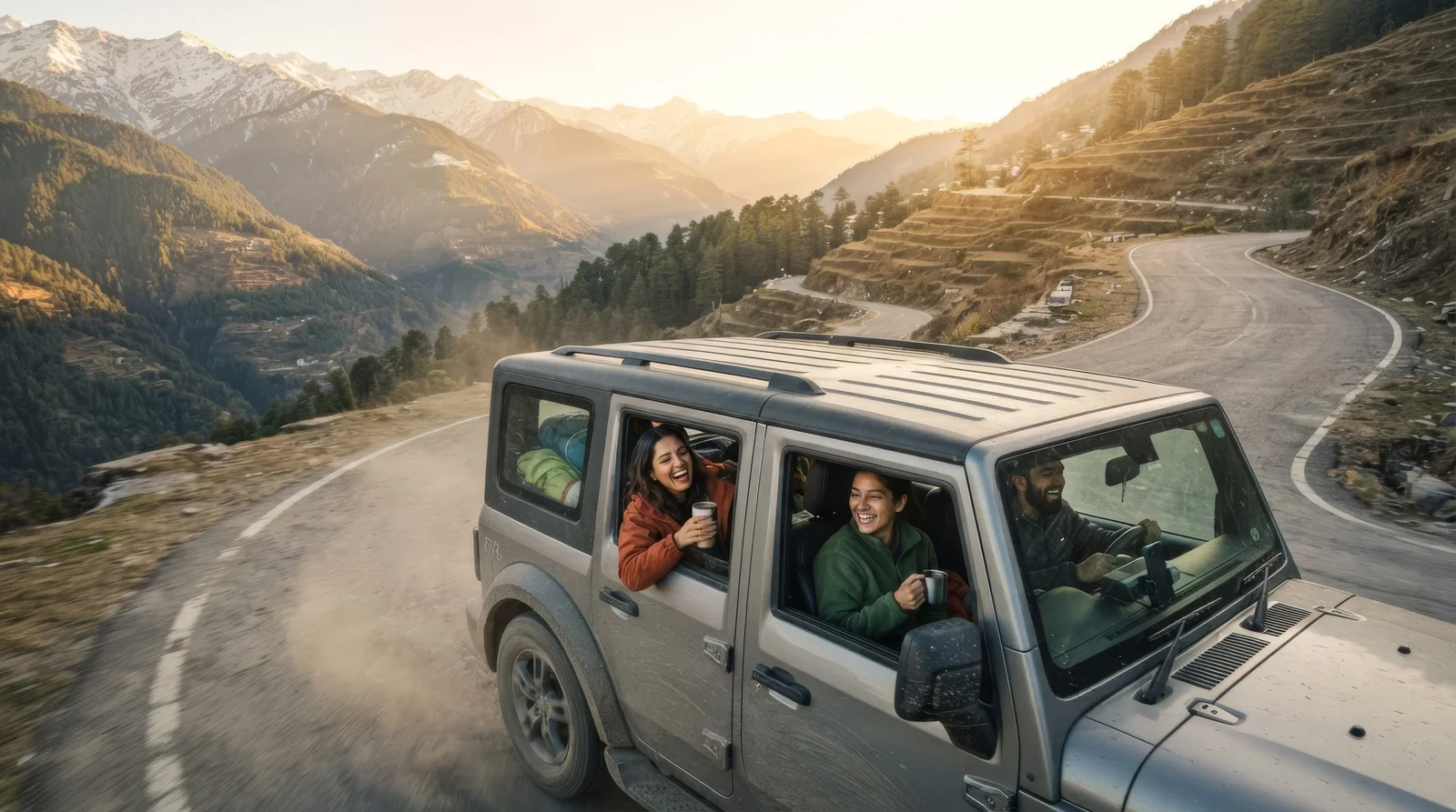 Frame 2 — Alive on the Road, low-angle tracking shot of friends leaning out the jeep laughing