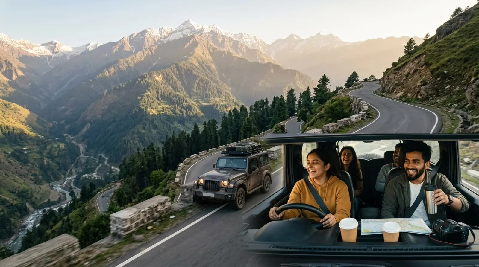 Frame 3 — Little Moments, interior shots of a map, coffee, and camera inside the jeep
