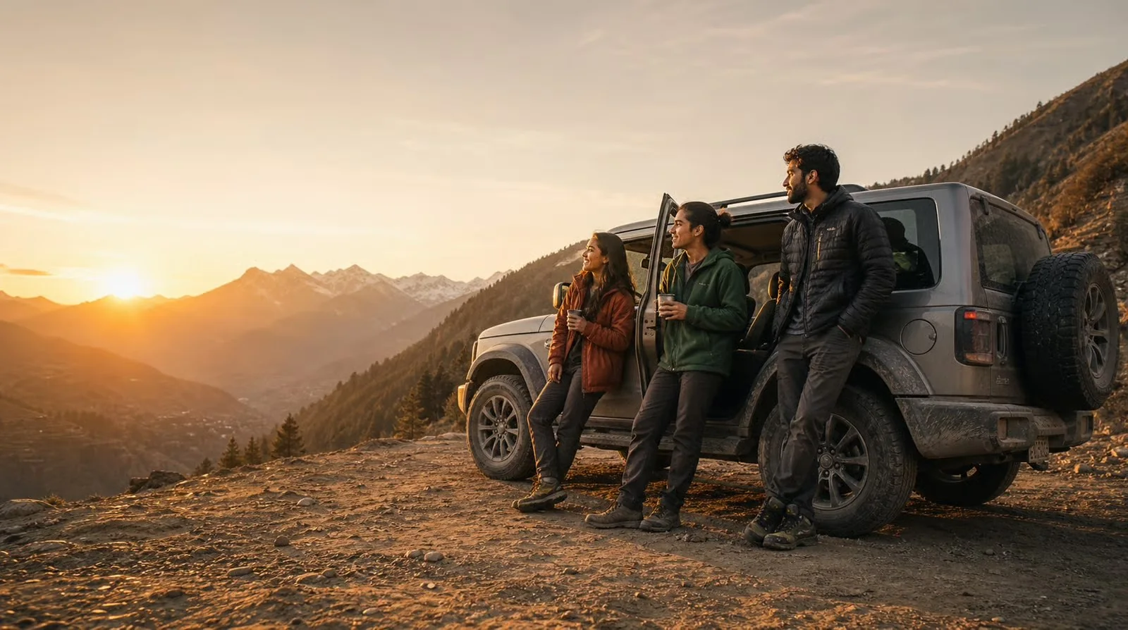 Frame 5 — Golden Pause, the group resting against the jeep at a cliffside overlook at sunset