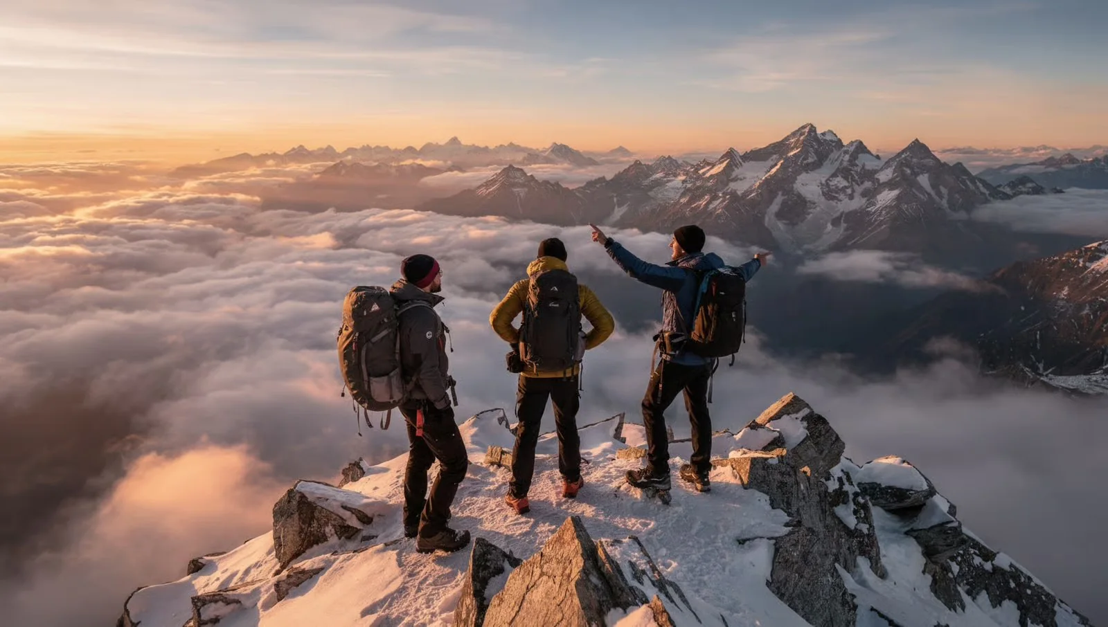 Frame 6 — Above the Clouds, the group standing on a snowy peak above a sea of clouds at sunrise