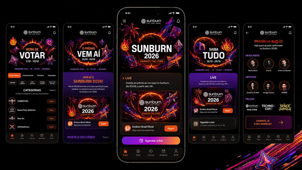 Sunburn 2026 app UI screens