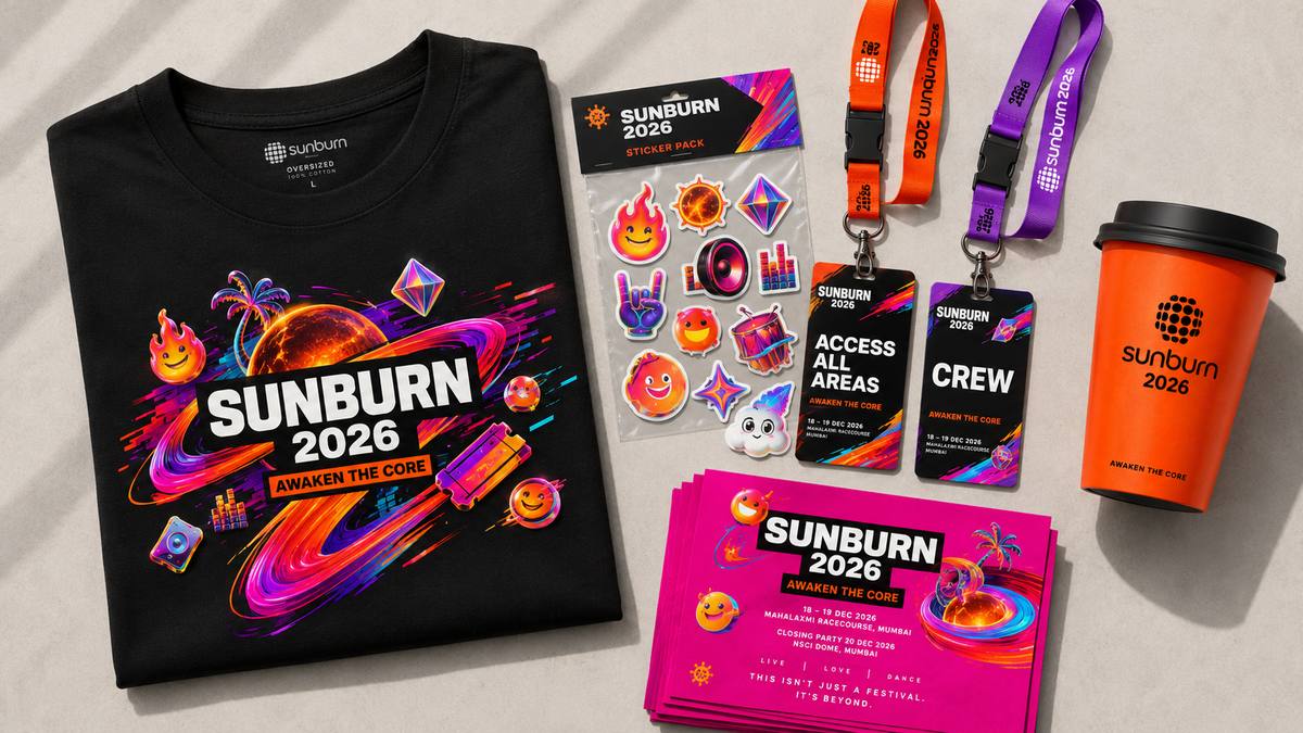 Sunburn 2026 merch — tee, stickers, lanyards, cup